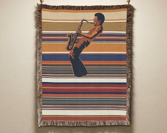 Jazz Saxophone Vintage Woven Tapestry, Retro Stripes Throw Blanket, Music Gift & Home Decor