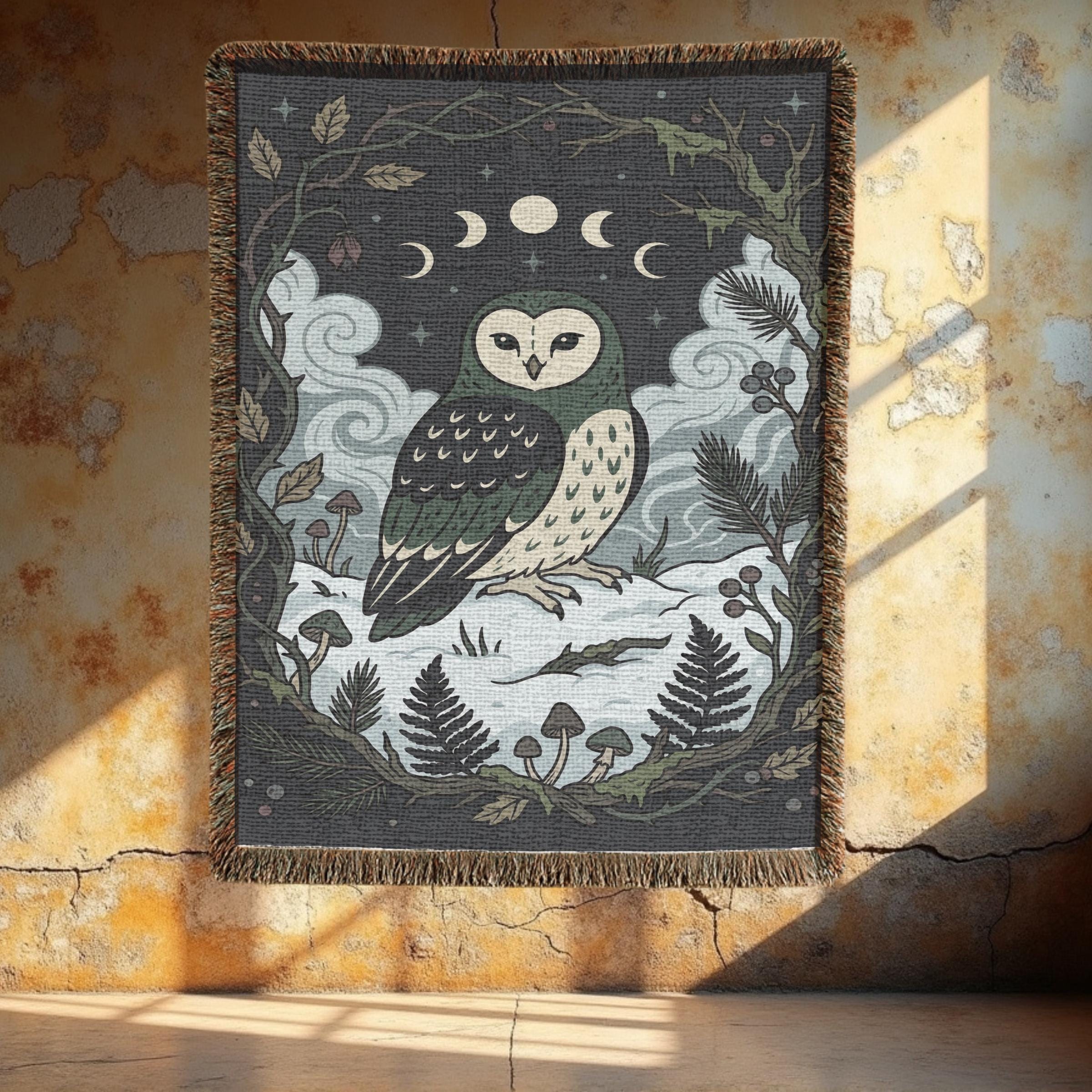 Gothic Owl Woven Blanket &bull; Moon Phase Forest Throw &bull; Witchy Gift