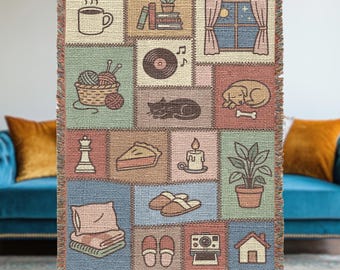 Cottagecore Patchwork Woven Throw Blanket, Hygge Home Decor