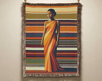 African Woman Vintage Woven Tapestry, Retro Stripes Throw Blanket, Ethnic Art & Home Decor