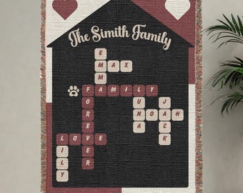 Woven Blanket with Family Names and Love Theme, Personalized Scrabble Style Throw for Home