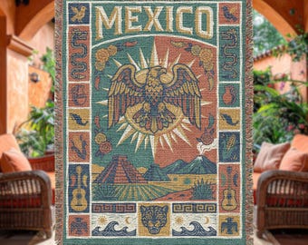 Mexico Folk Art Woven Blanket, Aztec Eagle Tapestry, Latin Decor