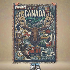 May include: A woven throw blanket featuring a detailed illustration of Canada. The design includes a moose, beaver, Canadian goose, maple leaves, the CN Tower, and the word "CANADA" in large letters. The color palette includes blues, greens, browns, and reds.