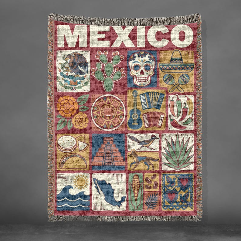 Mexikansk vävd filt, mexikansk folkkonstpläd, kulturarvsdekor, färgglad latinamerikansk hemgåva bild 1