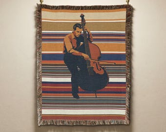 Jazz Double Bass Vintage Woven Tapestry, Retro Stripes Throw Blanket, Music Gift & Home Decor