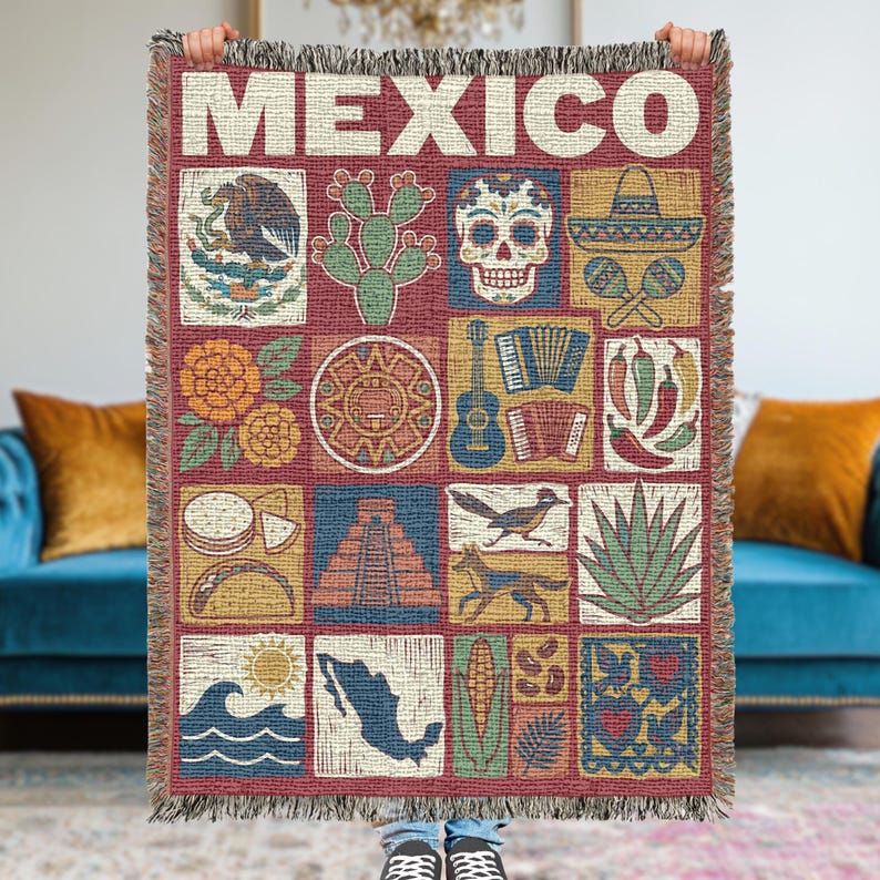Mexikansk vävd filt, mexikansk folkkonstpläd, kulturarvsdekor, färgglad latinamerikansk hemgåva bild 14