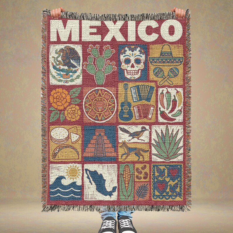 Mexikansk vävd filt, mexikansk folkkonstpläd, kulturarvsdekor, färgglad latinamerikansk hemgåva bild 12