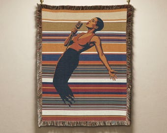 Jazz Soul Singer Vintage Woven Tapestry, Retro Stripes Throw Blanket, Music Gift & Home Decor