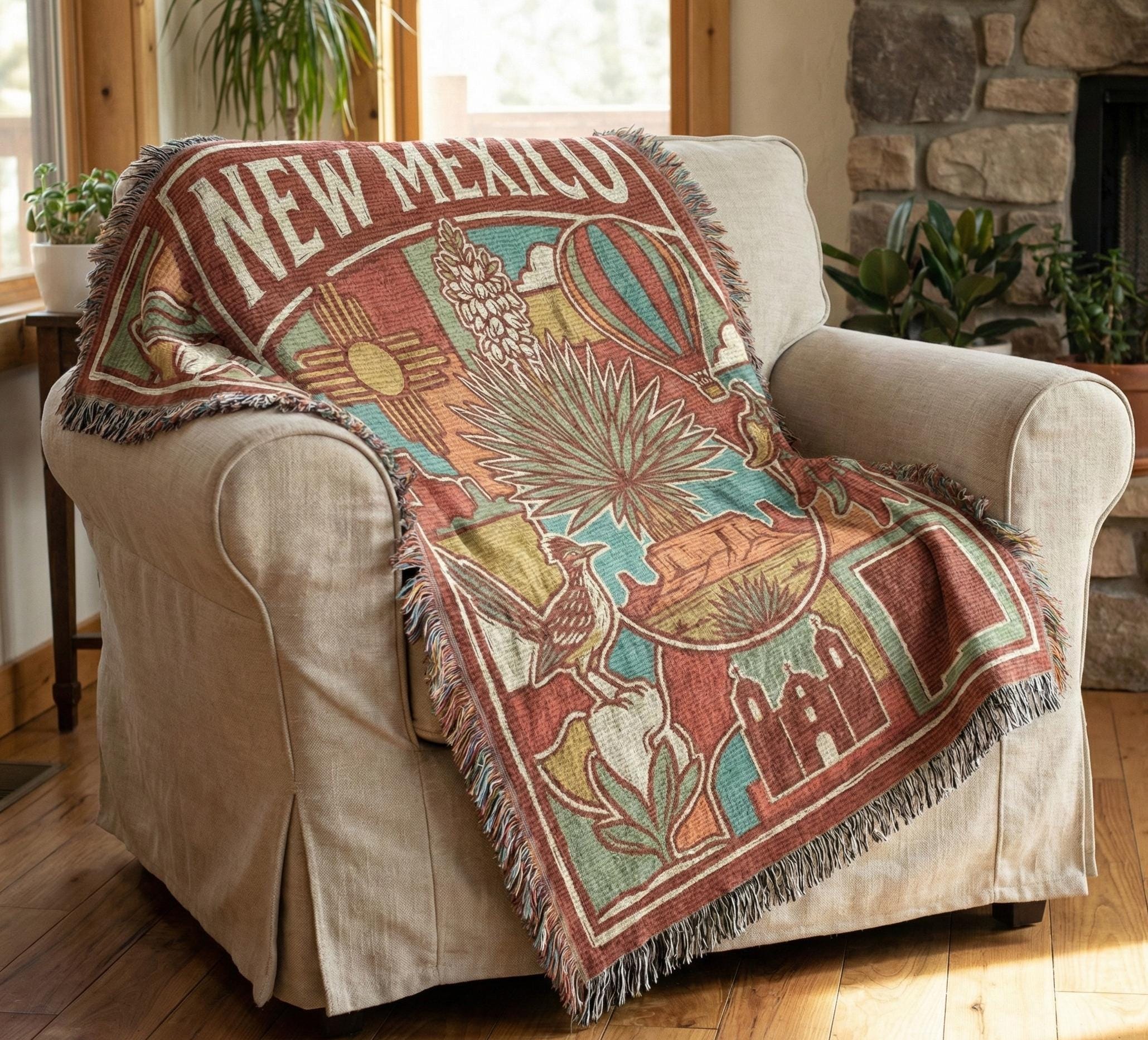 New Mexico Woven Throw Blanket Zia Sun Roadrunner Yucca Chile