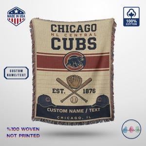 Custom Chicago Cubs Vintage Woven Throw Blanket, Personalized Baseball Tapestry, Fan Gift & Home Decor