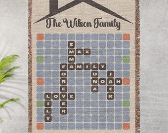 Woven Blanket Family Name Scrabble Style, Personalized Crossword Throw, Cozy Home Decor Gift