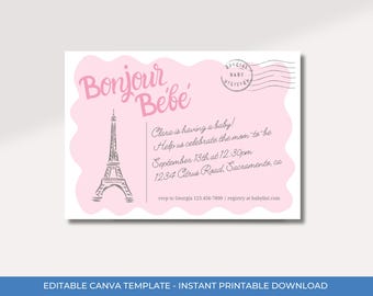 May include: A pink baby shower invitation with the words "Bonjour Bébé" in cursive. The Eiffel Tower is drawn in gray. The invitation includes event details and a call to RSVP. The words "Special Baby Delivery" are stamped on the top right.