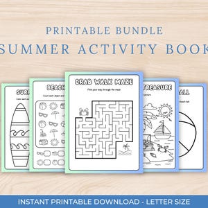 May include: A printable summer activity book bundle with a light blue border. The cover text reads "PRINTABLE BUNDLE SUMMER ACTIVITY BOOK". The pages feature beach-themed coloring pages, mazes, and counting activities. The bottom text reads "INSTANT PRINTABLE DOWNLOAD - LETTER SIZE".