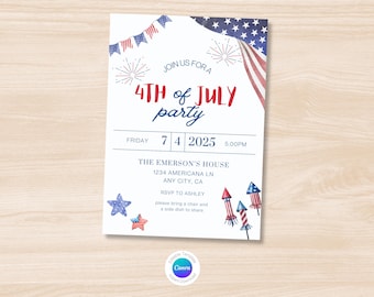 Editable American Flag Fourth of July Party Printable Invitation Template