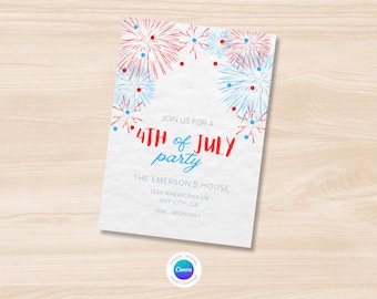 Editable Fireworks Fourth of July Party Printable Invitation Template