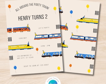 Modelo de convite para festa de aniversário de trem para meninos editável para impressão