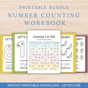 Puede incluir: Una pila de cuadernos de trabajo imprimibles para contar números. Los cuadernos tienen bordes coloridos y presentan ejercicios de trazado de números, conteo y el texto "Counting 1 to 100". El texto superior dice "Printable Bundle Number Counting Workbook".