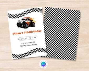 Editable Boys Flame Monster Truck Birthday Party Printable Invitation Template