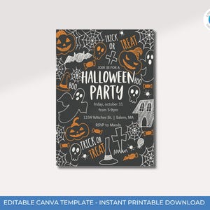 Spooky Halloween Party Invitation: Chalkboard Design, Editable Canva Template (Digital Download