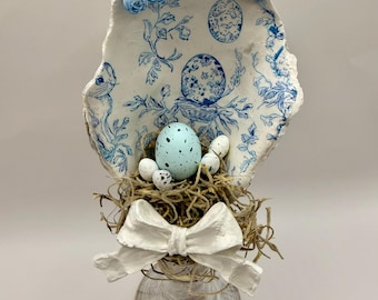 Handmade Blue Chinoiserie Rabbit Centerpiece (#4) – Unique Oyster Shell Art on Pedestal, Coastal Decor