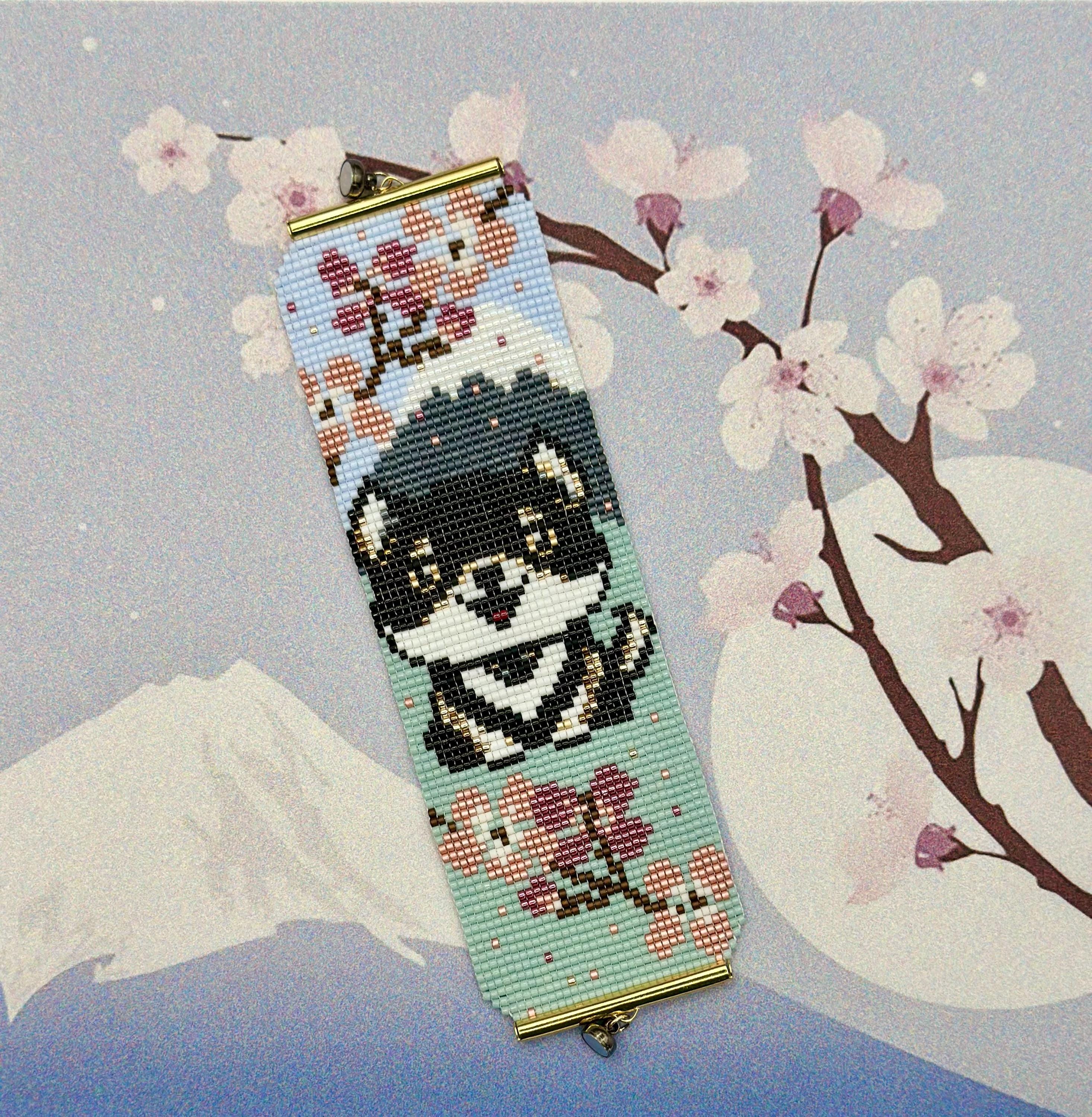 Precious Seed Bead Bracelet Cuff featuring Black and Tan Shiba Inu, Mount Fuji and Sakura Flowers