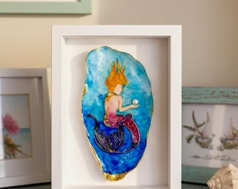 Siren’s Andenken - Handgemachte Cloisonné-inspirierte Austernschalen-Kunst - Eingerahmt - Einzigartiger nautischer Schatz mit Perlenakzent