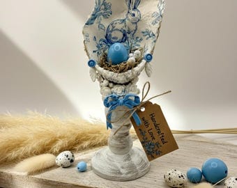 Handmade Blue Chinoiserie Bunny Centerpiece (#3) – Unique Oyster Shell Art on Pedestal, Coastal Decor