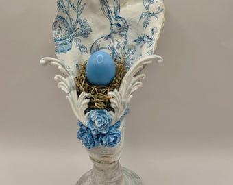 Handmade Blue Chinoiserie Bunny Centerpiece (#1) – Unique Oyster Shell Art on Pedestal, Coastal Decor
