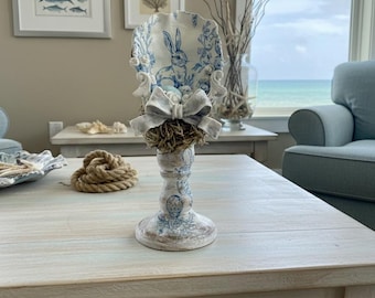 Handmade Blue Chinoiserie Rabbit Centerpiece (#2) – Unique Oyster Shell Art on Pedestal, Coastal Decor