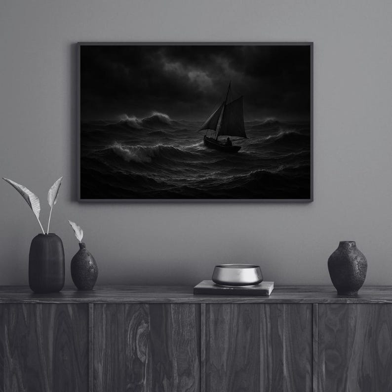 Stormy Sea Sailboat Wall Art – Black and White Nautical Printable ...