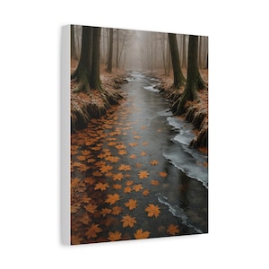 Quadro su tela autunnale Misty Creek – Dipinto autunnale con fiume nella foresta – Decorazione calda della natura – Poster rustico con paesaggio di alberi arancioni e marroni, novembre