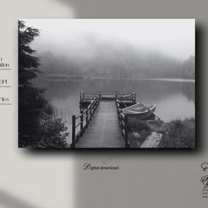 Misty Lake Dock Wall Art – Tranquil Black and White Nature Print with Foggy Forest and Calm Water for Serene Minimalist Home Decor