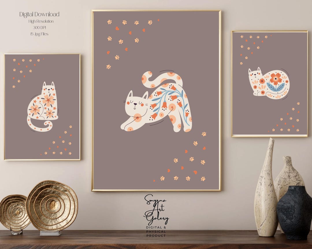 Floral Cat Print Set: Whimsical Kitten Nursery Art (digital Download ...