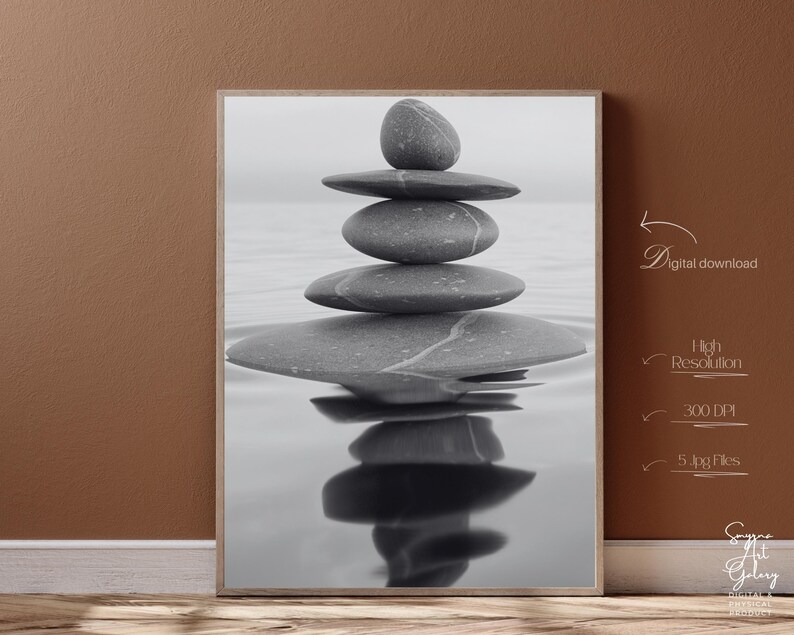 Zen Stone Art Print – Minimalist Grayscale Balance Decor (digital ...