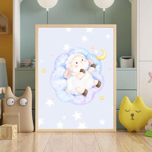 Juego de 3 láminas de ovejas para habitación de bebé: adorables ovejas durmiendo y nubes para pared. Descarga digital de decoración de sueños pastel. Ovejas.