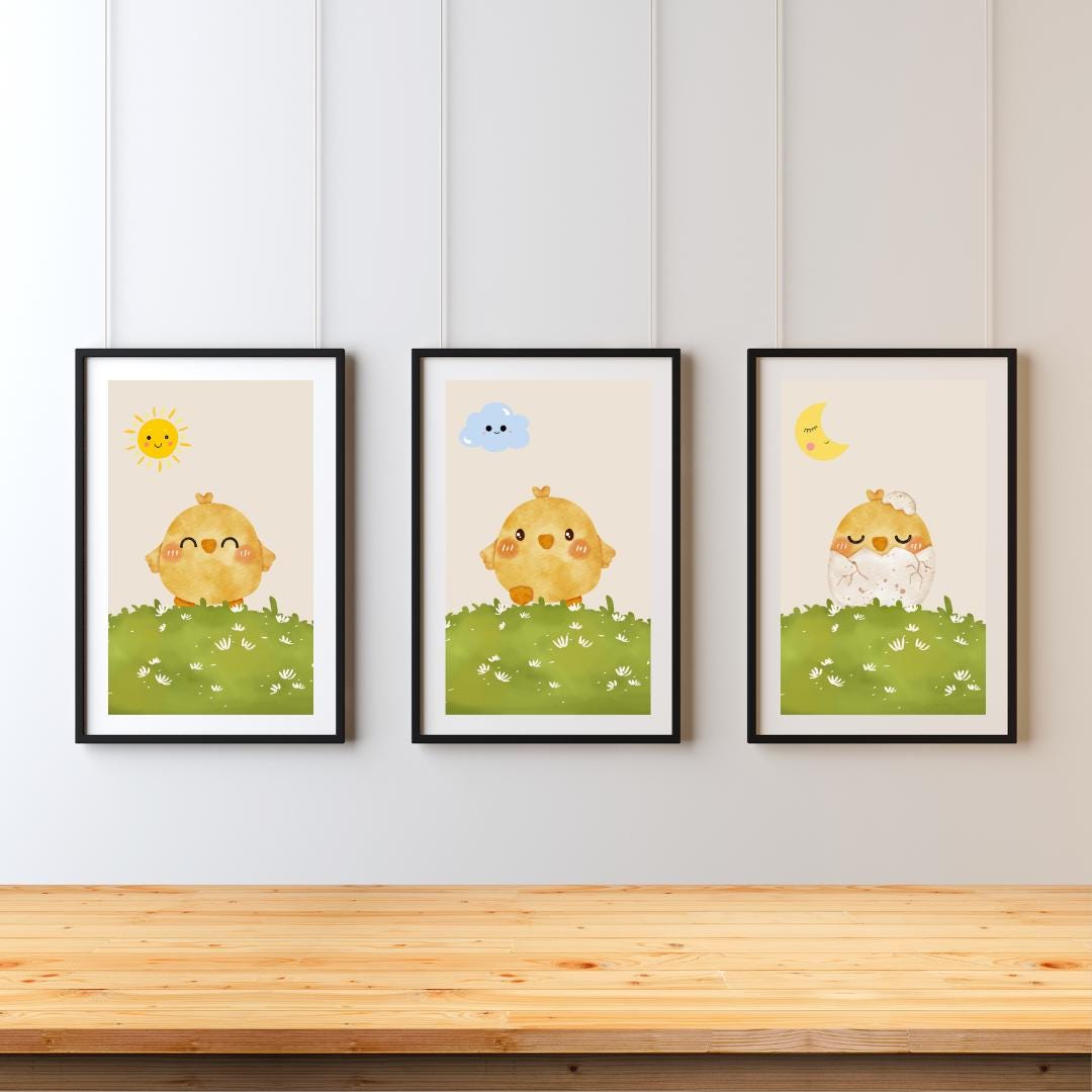 Baby Chick Art Print Set – 3 Printable Nursery Posters Morning to Night ...