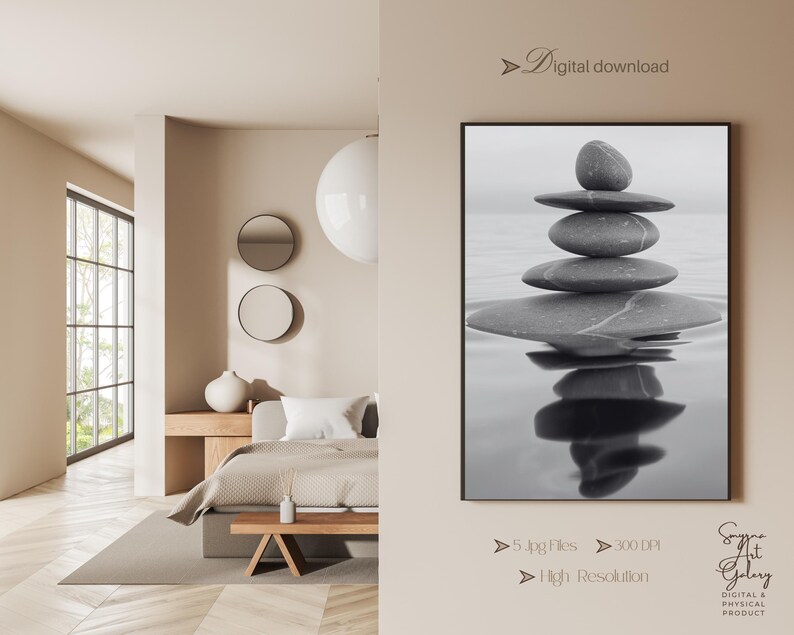 Zen Stone Art Print – Minimalist Grayscale Balance Decor (digital ...