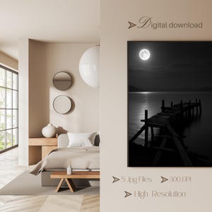 Moonlight Wall Art Printable | Black and White Dock Scene with Full Moon – Calm Night Landscape for Peaceful Interiors