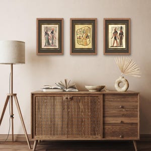 Set of 3 Ancient Egyptian Papyrus Wall Art Prints, Pharaoh and Goddess Hieroglyphic Posters, Historical Egypt Home Decor, Trinity