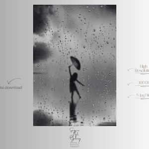 Puede incluir: Impresión artística en blanco y negro de una persona con un paraguas bajo la lluvia. La imagen tiene un estilo artístico de alto contraste, con gotas de lluvia visibles en el cristal. El texto "Digital download" está presente.