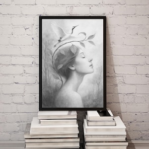 Tranquil Woman and Crane Printable – Surreal Nature-Inspired Black and White Portrait – Minimalist Calm Wall Art for Peaceful Spaces, Woman4