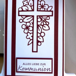 Glückwunsch - Kommunion – Karte , dunkelrot,  Kirche, Fest, Geld-Geschenk