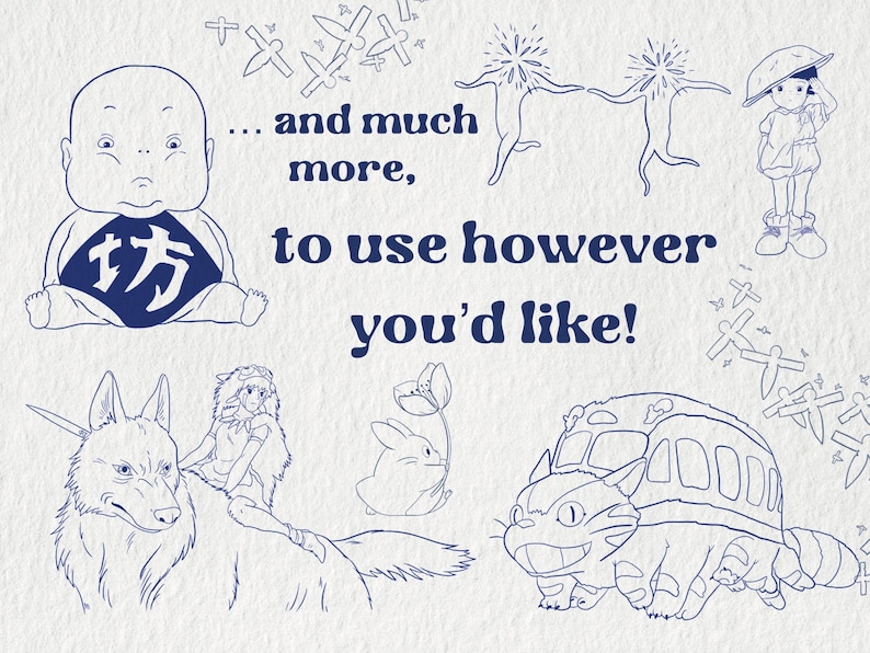 May include: A collection of line art illustrations of characters from animated films, including a baby with a symbol, a wolf with a rider, a rabbit with a flower, and a bus-shaped cat. The text reads "...and much more, to use however you'd like!"