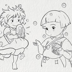 May include: Black and white line art illustration of two anime-style children. One holds a popsicle, the other a small box. Bubbles and small figures surround them. The image has a whimsical, cartoonish style.