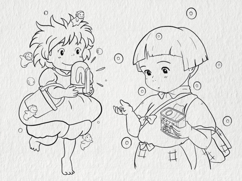 May include: Black and white line art illustration of two anime-style children. One holds a popsicle, the other a small box. Bubbles and small figures surround them. The image has a whimsical, cartoonish style.
