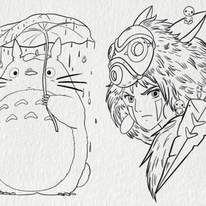 May include: Black and white illustration featuring two anime-style characters. One is a large, round creature holding an umbrella in the rain. The other is a warrior with a mask and a sword.