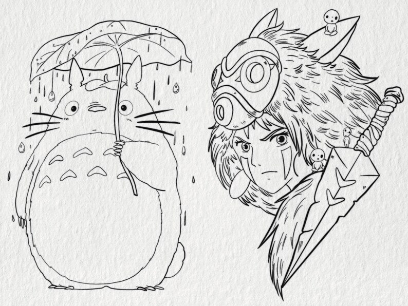 May include: Black and white illustration featuring two anime-style characters. One is a large, round creature holding an umbrella in the rain. The other is a warrior with a mask and a sword.