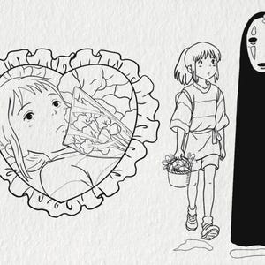 May include: Black and white line art featuring characters from an animated film. A girl with short hair and a basket walks beside a tall, dark figure with a mask. A heart-shaped image with a girl's face is on the left.