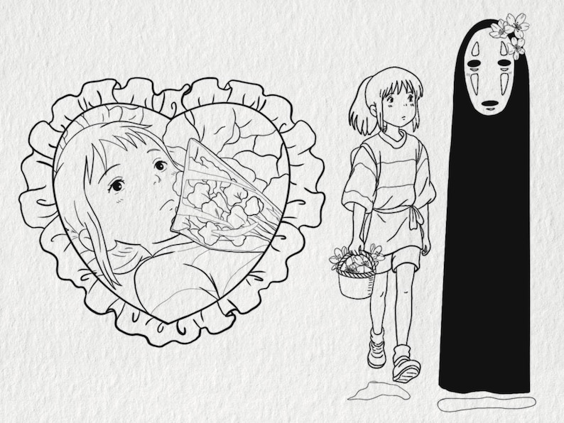 May include: Black and white line art featuring characters from an animated film. A girl with short hair and a basket walks beside a tall, dark figure with a mask. A heart-shaped image with a girl's face is on the left.