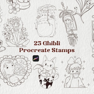 May include: Line art illustrations of characters and scenes from Studio Ghibli films. The image includes characters like Totoro, Chihiro, and Kiki, along with the text "25 Ghibli Procreate Stamps" and the Procreate app logo.